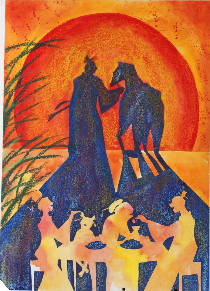 作者於畫面中透過家人團聚的歡樂情景，點出遊子懷鄉與思念，清楚印證天淨沙之題旨。在構圖上運用透視法輔以夕陽逆光效果，能表現出離鄉遙遠之困境與惆悵心緒。