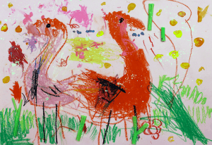 《美麗的紅鶴》四歲兒童創作，已有鳥類形態出現。