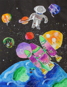 《宇宙》8歲兒童創作，開始有動作、遠近物體的表現。