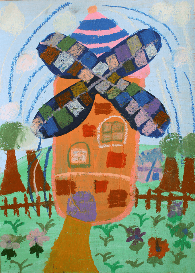 《荷蘭風車》小三兒童創作，已脫離主觀用色，會將物體排列在同一條基底線上，以並列的方式表現。