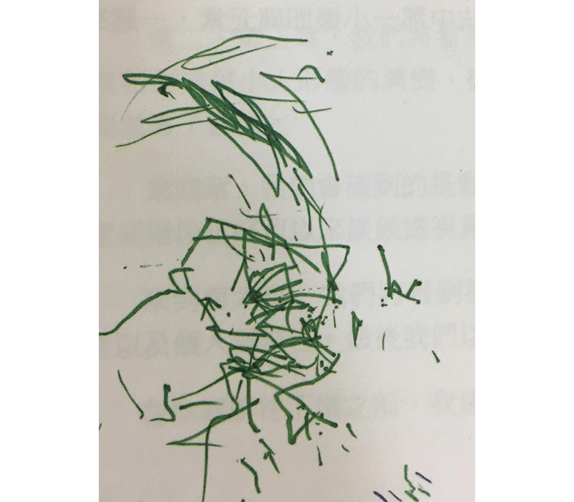 一歲兒童的塗鴉，多為短、單色線段或點。